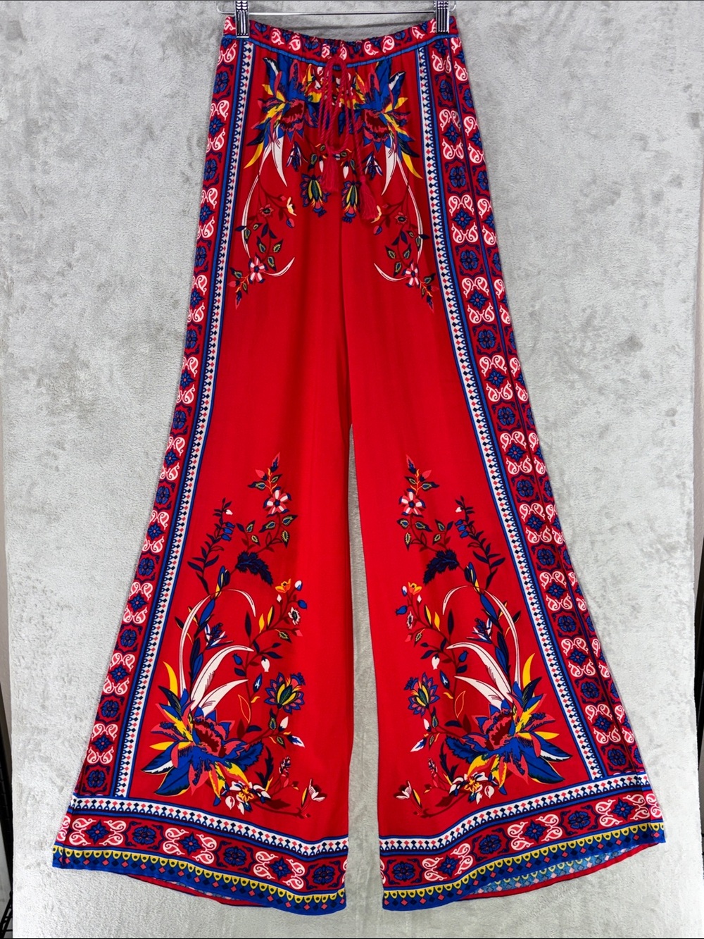 Flying Tomato Red Floral Boho Pull-On Wide Leg Palazzo Pants w/Tassel Tie Size S
